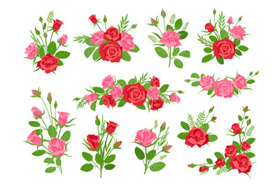 Cartoon pink and red rose floral bouquets with leaves and grass. Vinta