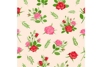 Romantic rose seamless pattern with flowers, buds and herb. Cartoon pr