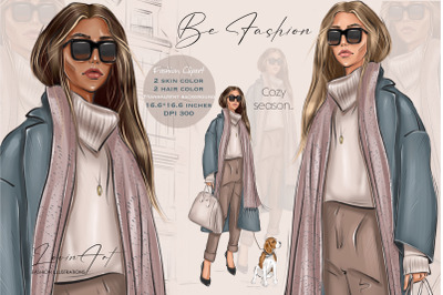 Fashion Girl with Dog Clipart, Autumn Fall City illustration