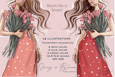 Fashion Girl with Tulips, Spring Flowers Clipart