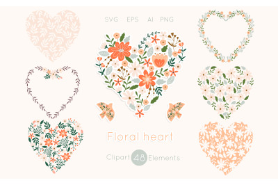 Floral Heart Clipart, Boho Valentine clipart