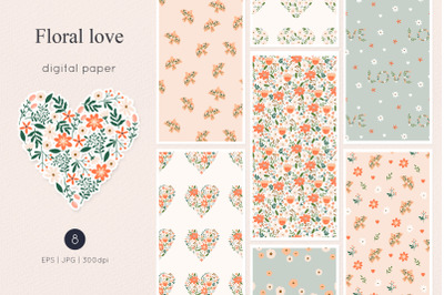 Floral seamless pattern, hearts digital background