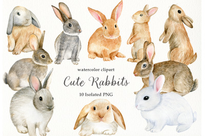 Watercolor cute rabbits clipart set. Hand drawn easter spring clip art