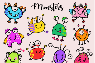 Funny Cartoon Doodle Little Monsters Vector Clipart Set