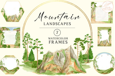 Watercolor Mountains Frames Clipart. Woodland Landscape Border, Wreath