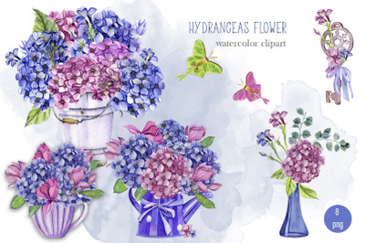 Watercolor Hydrangea Flowers Clipart. Butterflies clipart