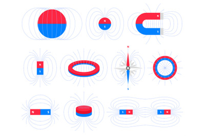 Magnetism physics schemes, polar magnets electromagnetic field. Educat