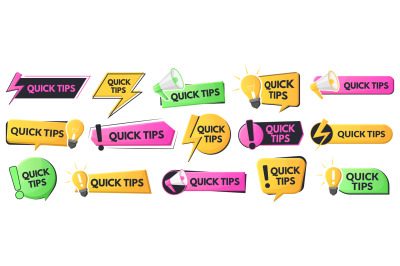 Quick tips, tricks and solutions logos, helpful advice emblems. Useful