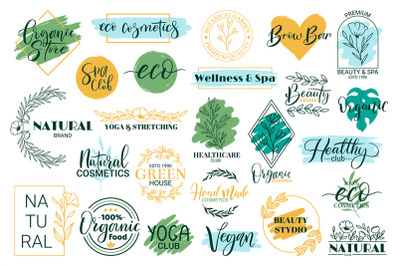 Healthy, beauty, spa and yoga lettering quotes. Hand drawn logos for o