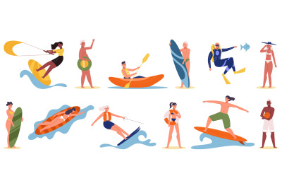 Beach and water activities people, surfing, diving and canoeing. Carto