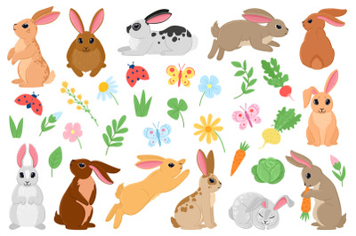 Cartoon spring bunny&2C; cute easter rabbits with carrot and flowers. Spr