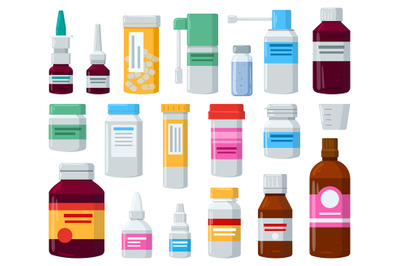 Cartoon medical drugs&2C; pill containers or vitamin plastic bottles. Pha