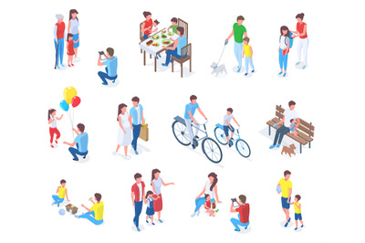 Isometric family with kids, parenting daily or holiday activities. Adu