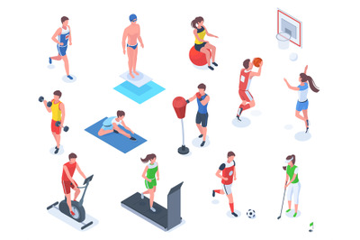 Isometric people do sports, boxing, golf and fitness. Characters do ou