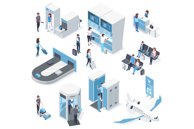 Isometric 3d airport passengers&2C; passport check and boarding gate. Air