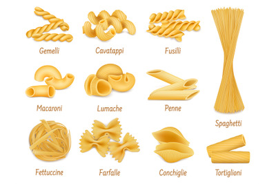 Realistic pasta types, farfalle, spaghetti and penne macaroni. Italian