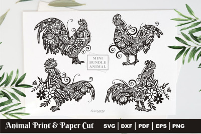 Rooster Mandala with Flower, Paper Cut &amp; Print, Vector