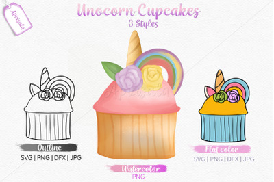 Unicorn Cupcake Watercolor-Outline-Color