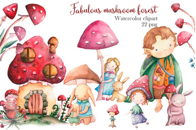 Fairy mushroom forest Watercolor clipart