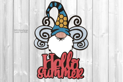 Hello Summer Bee Gnome Sign SVG Laser Cut Files Glowforge CNC Files