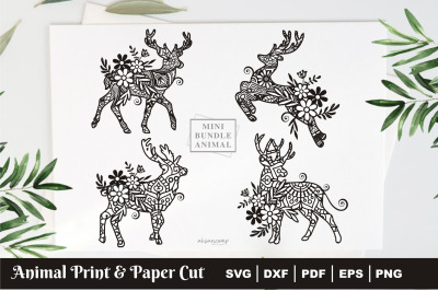 Deer Mandala with Flower, Paper Cut &amp; Print, Vector