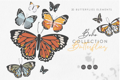 Boho butterflies clipart, Spring butterfly elements