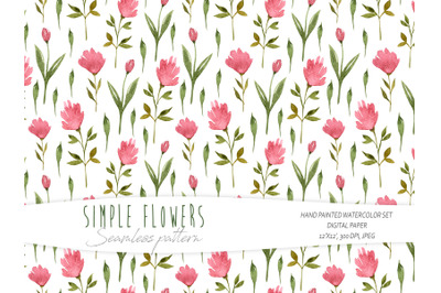 Watercolor simple floral seamless pattern on white background