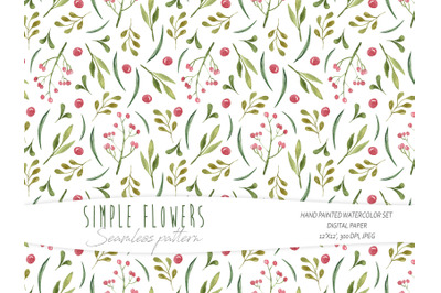 Watercolor simple floral seamless pattern on white background