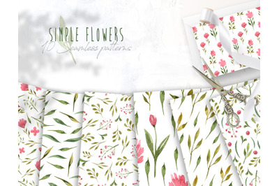 Watercolor floral seamless patterns on white background