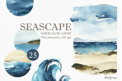 Watercolor Seascape clipart. Ocean painted views and landscapes