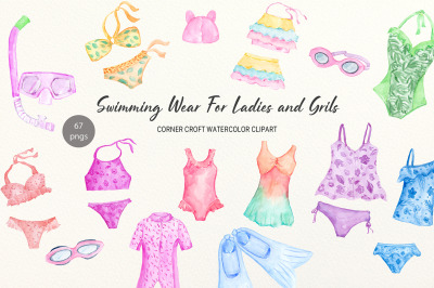 Watercolor swimming suits and bikinis