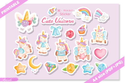 Cute Unicorn Watercolor Printable Sticker