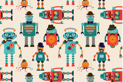 Retro Robots Seamless Pattern, Vintage Hipster Background for Kids.