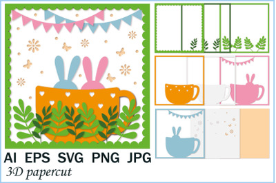 Easter Bunny holiday card template&2C; cut out of paper&2C; SVG