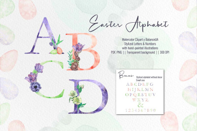 Easter Alphabet Watercolor Clipart, Stylized Letters and Numbers