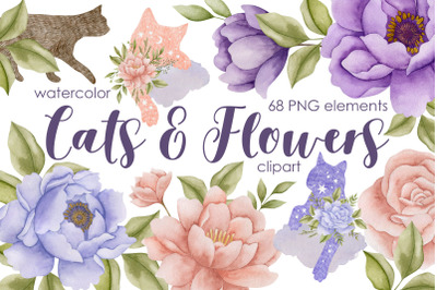 Watercolor cats and flowers clipart.