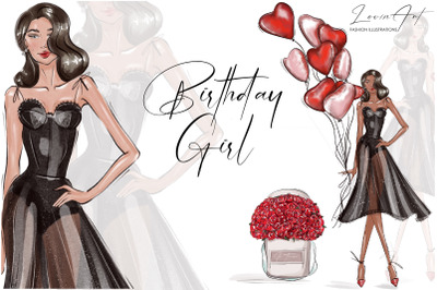 Birthday Girl clipart, Fashion Girl with balloons