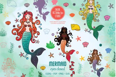 Colored Mermaid Eyes Closed | Princess | Sea Shell, Aquatic Plants
