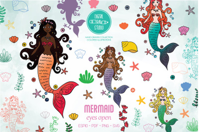 Colored Mermaid Eyes Opened | Princess | Sea Shell, Aquatic Plants