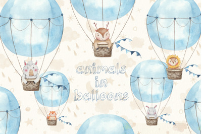 Set of cute watercolor traced animals in air balloons!