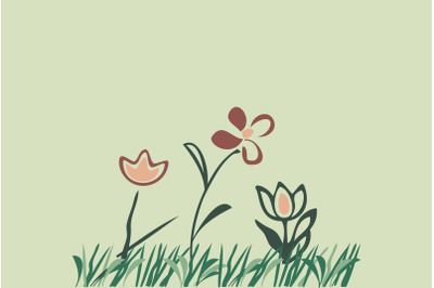 Simple three tulip flowers and green grass isolated on white backgroun