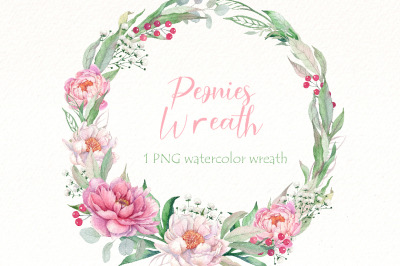 Peonies wreath watercolor clipart, pink floral png clip art.