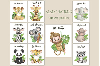 Safari animals watercolor posters, baby room wall decor