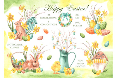Happy Easter watercolor clipart. Easter bunny, Easter eggs, daffodils.