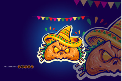 Scary delicious tacos restaurant mascot illustration