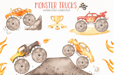 Monster trucks watercolor