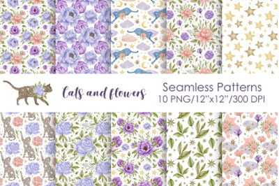 Watercolor cats and flowers seamless patterns.