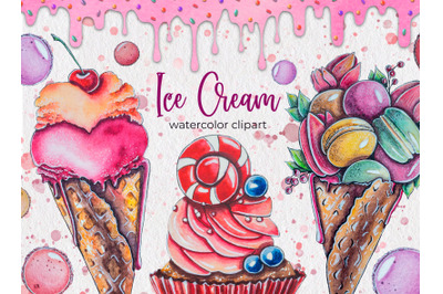 Ice Cream macarons watercolor hand-painted clipart