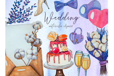 Lavender wedding watercolor clipart with cotton flowers