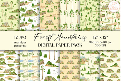 Watercolor Mountains Digital Paper. Forest Landscape Seamless Patterns